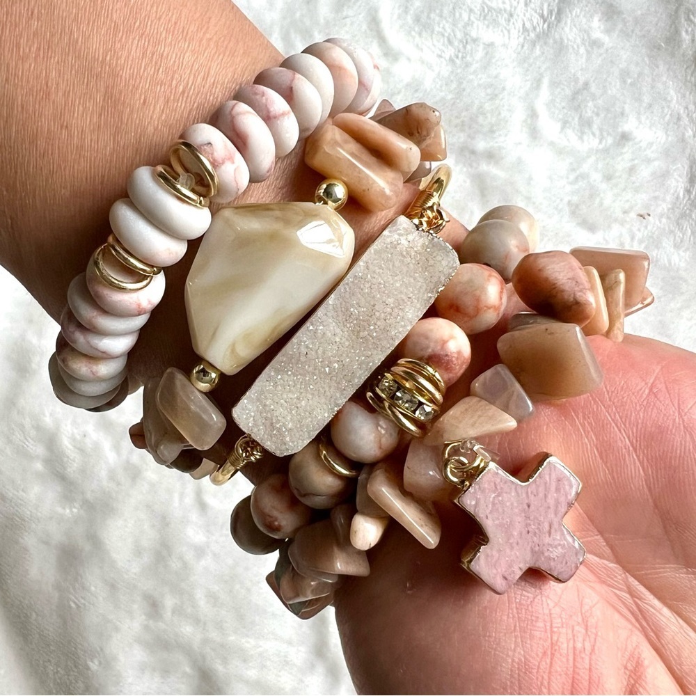 Pink Zebra Druzy Cross 5 Mala Bracelet Stack Set